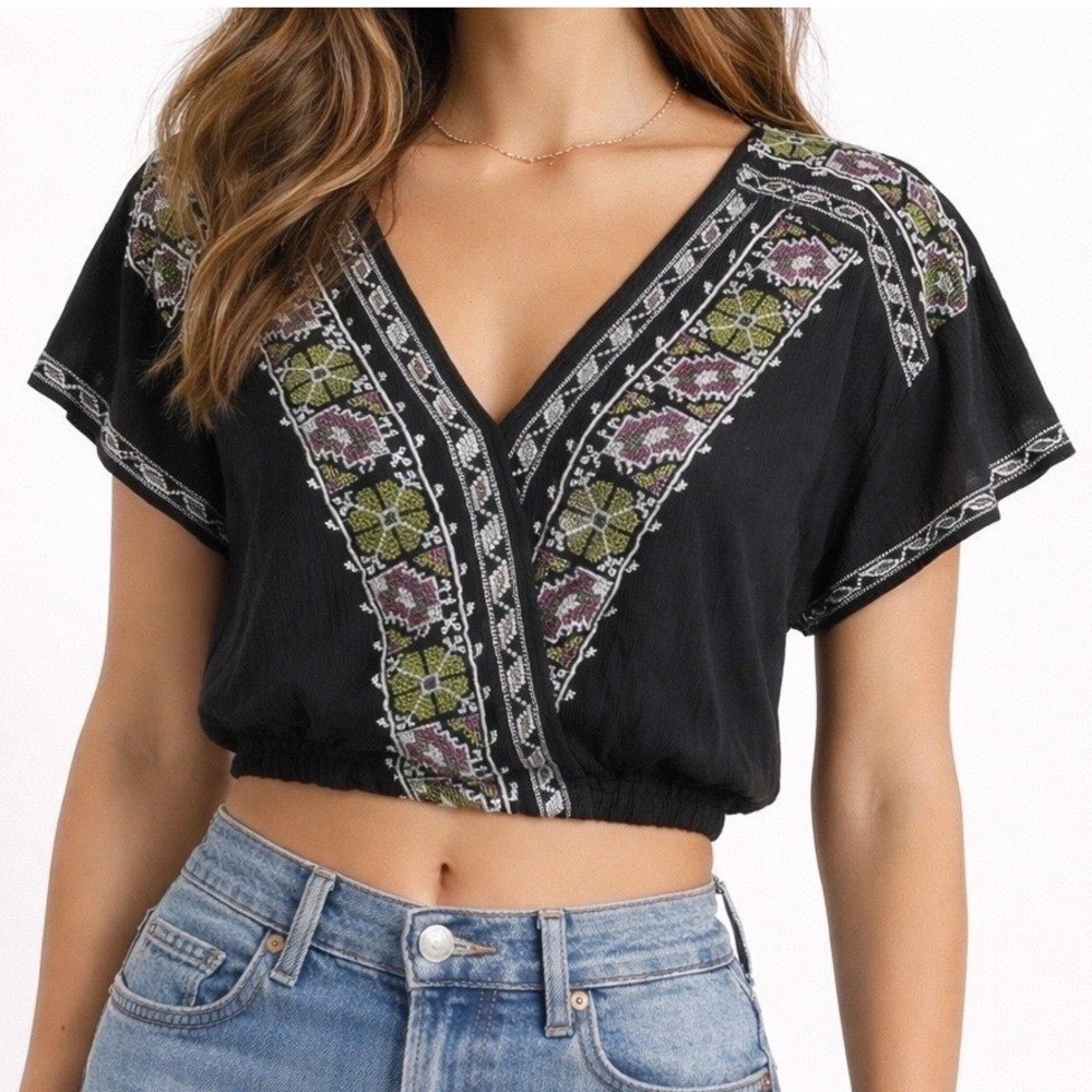 NWT Free People Luca Embroidered Boho Cross Over Cropped Blouse Women XS Indie